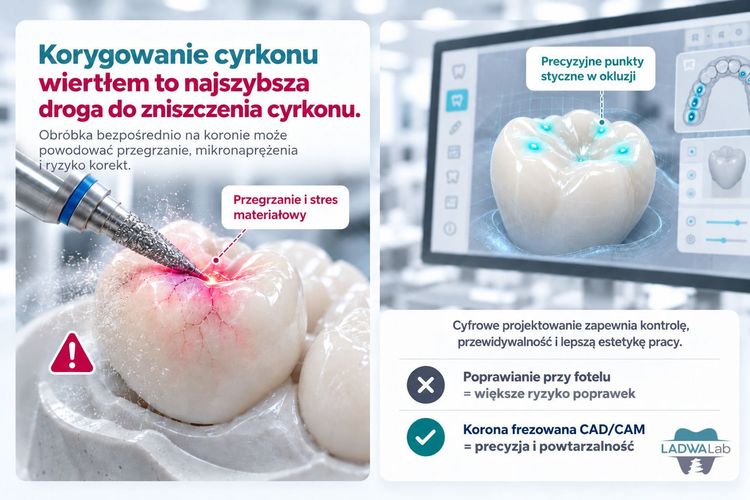 Korekta cyrkonu przy fotelu. Dlaczego wiertło na sucho niszczy korony i jak wyeliminować poprawki?